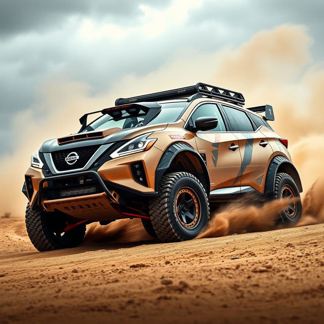 A fiercely modified Nissan Murano Z51 with Rocket Bunny sport tuning, equipped with extreme dirt tyres and a lifted suspension for superior off-road performance