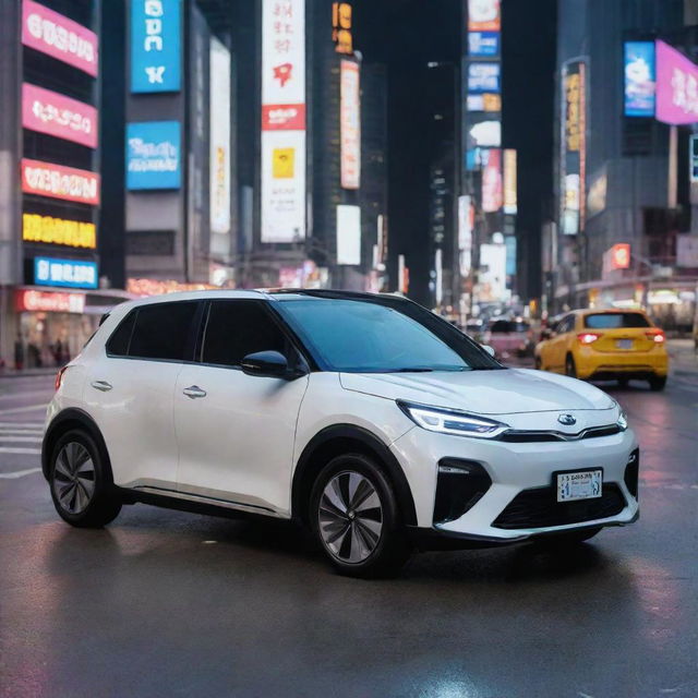 A South Korean modern compact car with sleek lines, innovative design features, high-tech interior, sitting on an urban Seoul street surrounded by bright neon lights and modern skyscrapers