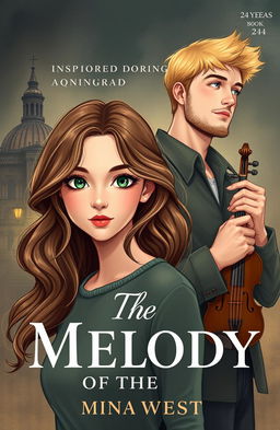 A beautiful book cover illustration for 'The Melody of the Soul' by Mina West, depicting a tall, very beautiful girl with wavy hair and striking green eyes