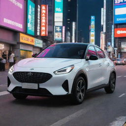 A South Korean modern compact car with sleek lines, innovative design features, high-tech interior, sitting on an urban Seoul street surrounded by bright neon lights and modern skyscrapers