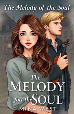 A beautiful book cover illustration for 'The Melody of the Soul' by Mina West, depicting a tall, very beautiful girl with wavy hair and striking green eyes