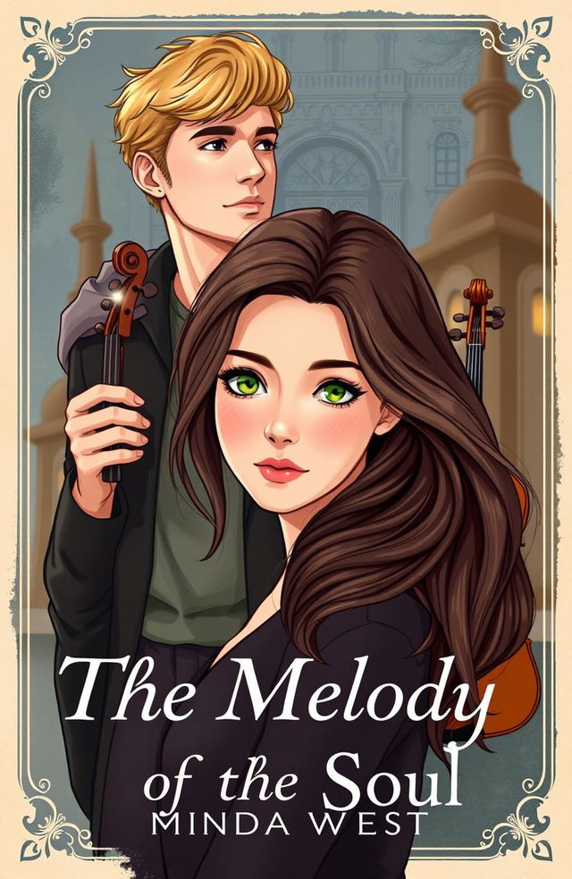 A beautiful book cover illustration for 'The Melody of the Soul' by Mina West, depicting a tall, very beautiful girl with wavy hair and striking green eyes