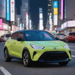 A South Korean modern compact car with sleek lines, innovative design features, high-tech interior, sitting on an urban Seoul street surrounded by bright neon lights and modern skyscrapers