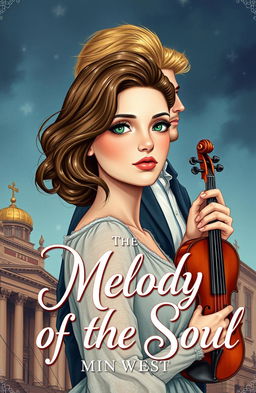 A captivating book cover illustration titled "The Melody of the Soul" by Mina West, featuring a stunningly beautiful tall girl with wavy hair and sparkling green eyes, embodying youthful beauty standards at 21 years old