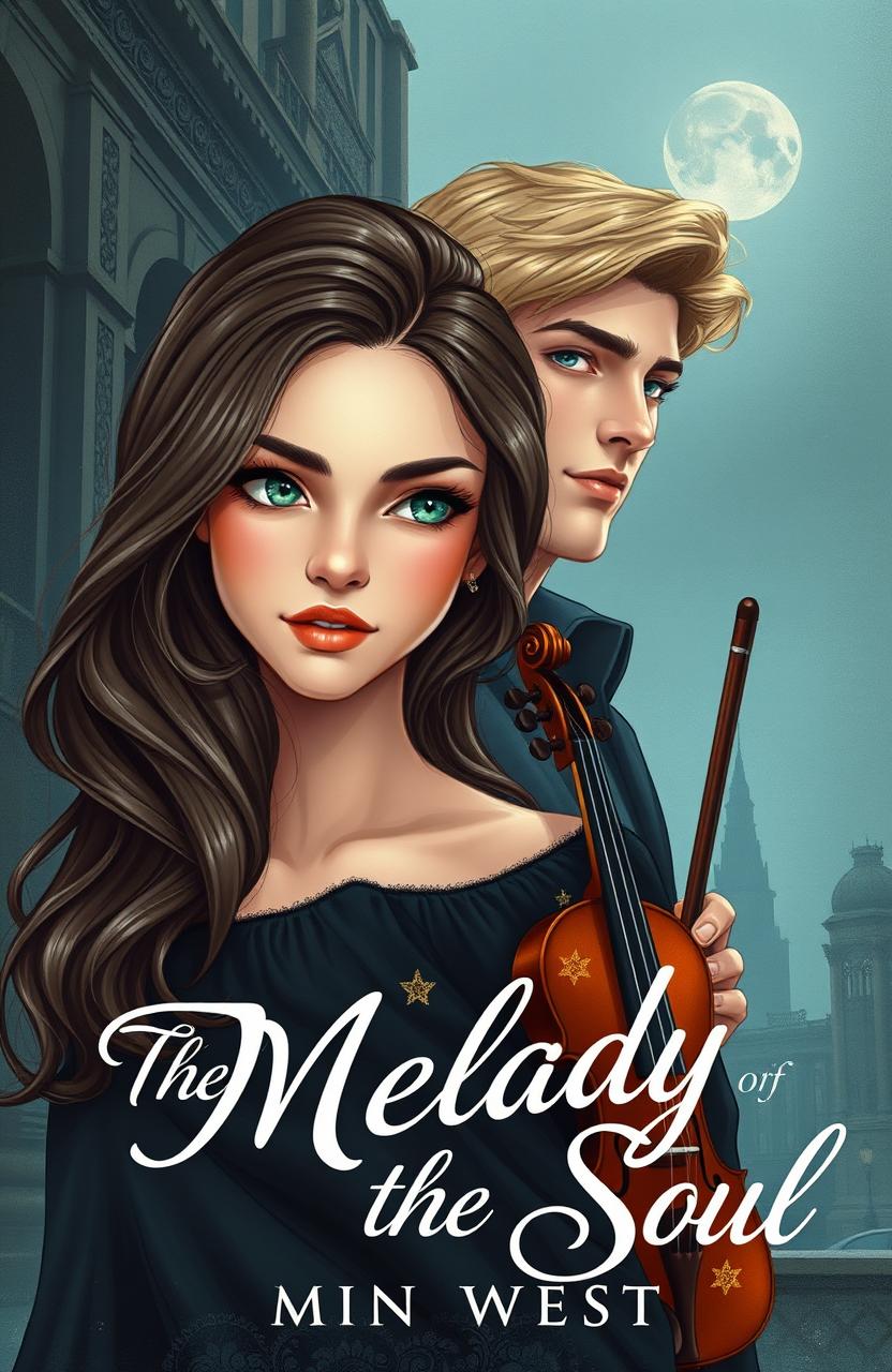 A captivating book cover illustration titled "The Melody of the Soul" by Mina West, featuring a stunningly beautiful tall girl with wavy hair and sparkling green eyes, embodying youthful beauty standards at 21 years old