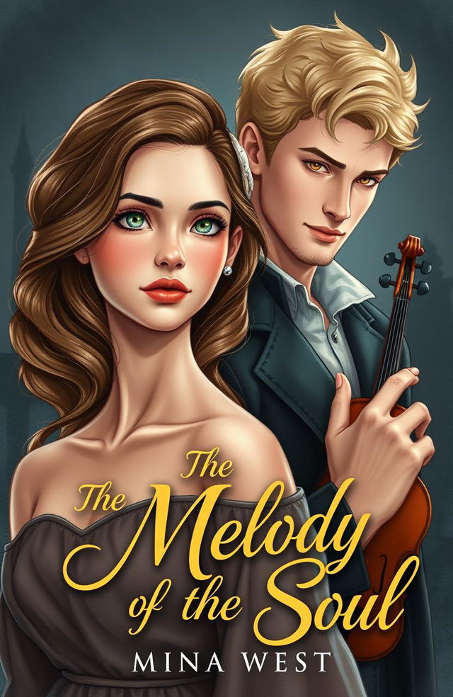 A captivating book cover illustration titled "The Melody of the Soul" by Mina West, featuring a stunningly beautiful tall girl with wavy hair and sparkling green eyes, embodying youthful beauty standards at 21 years old