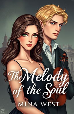 A captivating book cover illustration titled "The Melody of the Soul" by Mina West, featuring a stunningly beautiful tall girl with wavy hair and sparkling green eyes, embodying youthful beauty standards at 21 years old