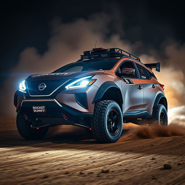 A strikingly modified Nissan Murano Z51 featuring Rocket Bunny sport tuning, extreme dirt tyres, and a lifted suspension designed for off-road performance