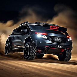 A strikingly modified Nissan Murano Z51 featuring Rocket Bunny sport tuning, extreme dirt tyres, and a lifted suspension designed for off-road performance