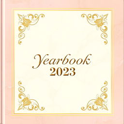An elegant yearbook cover design featuring a sophisticated layout with an ornate border, soft marbled background in pastel colors, and an intricate floral embellishment in the corners