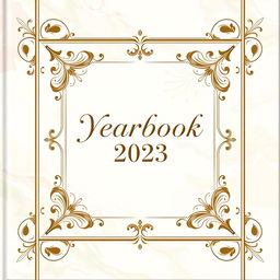An elegant yearbook cover design featuring a sophisticated layout with an ornate border, soft marbled background in pastel colors, and an intricate floral embellishment in the corners