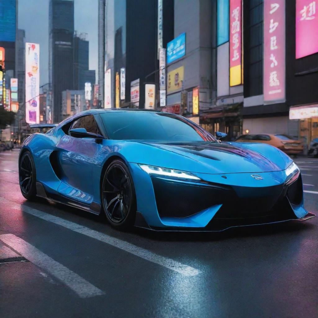 A futuristic Japanese sports car with modern aesthetics, aerodynamic design, cutting edge technology, displayed on a bustling Tokyo street with neon lights and sky-reaching buildings