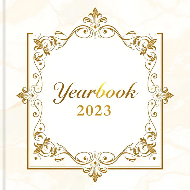 An elegant yearbook cover design featuring a sophisticated layout with an ornate border, soft marbled background in pastel colors, and an intricate floral embellishment in the corners