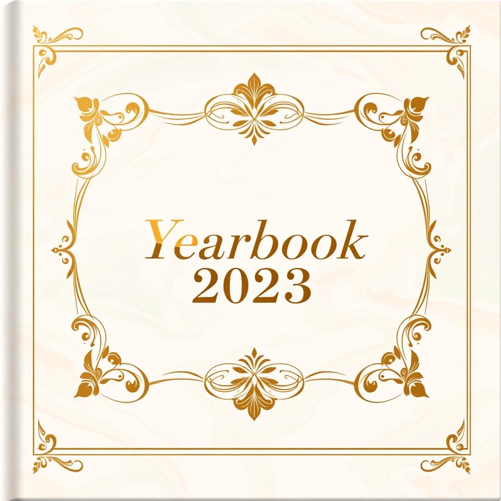 An elegant yearbook cover design featuring a sophisticated layout with an ornate border, soft marbled background in pastel colors, and an intricate floral embellishment in the corners