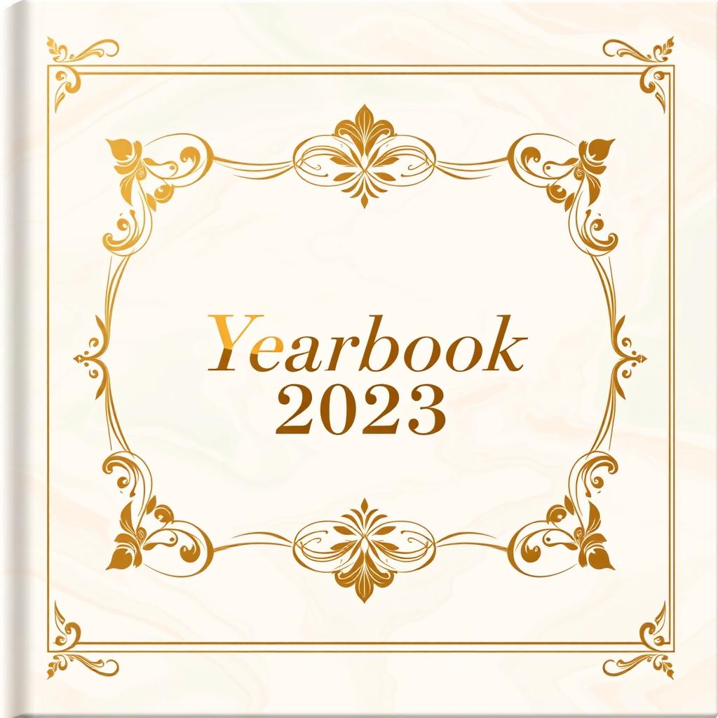 An elegant yearbook cover design featuring a sophisticated layout with an ornate border, soft marbled background in pastel colors, and an intricate floral embellishment in the corners