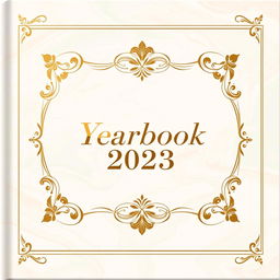 An elegant yearbook cover design featuring a sophisticated layout with an ornate border, soft marbled background in pastel colors, and an intricate floral embellishment in the corners