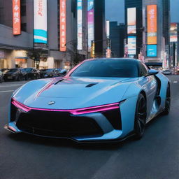 A futuristic Japanese sports car with modern aesthetics, aerodynamic design, cutting edge technology, displayed on a bustling Tokyo street with neon lights and sky-reaching buildings