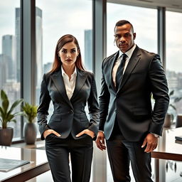 A powerful female CEO in a stylish, tailored suit, confidently standing in an office with large glass windows displaying a city skyline