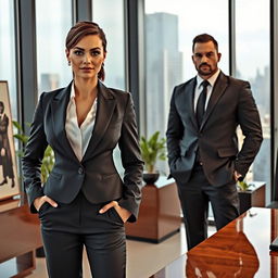 A powerful female CEO in a stylish, tailored suit, confidently standing in an office with large glass windows displaying a city skyline