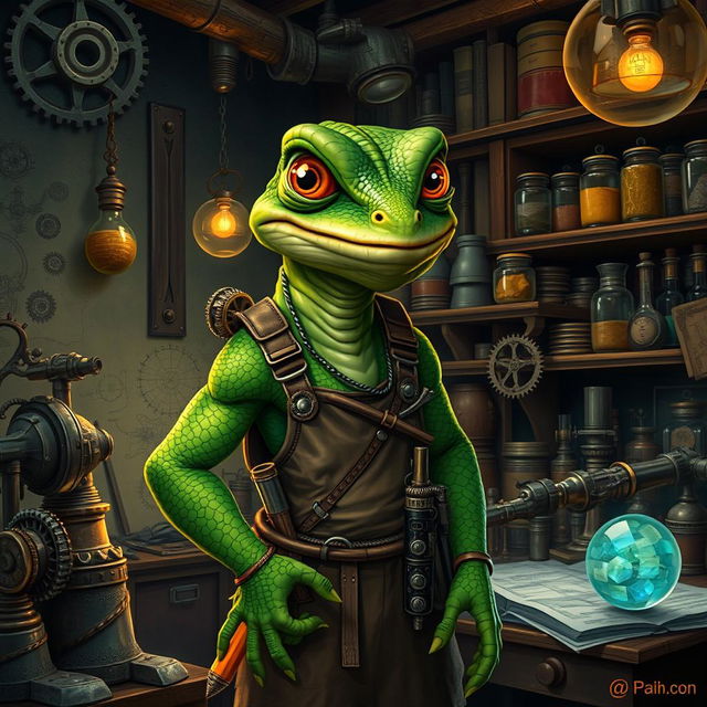 A lizardman inventor standing in a cluttered workshop, surrounded by various mechanical inventions and blueprints