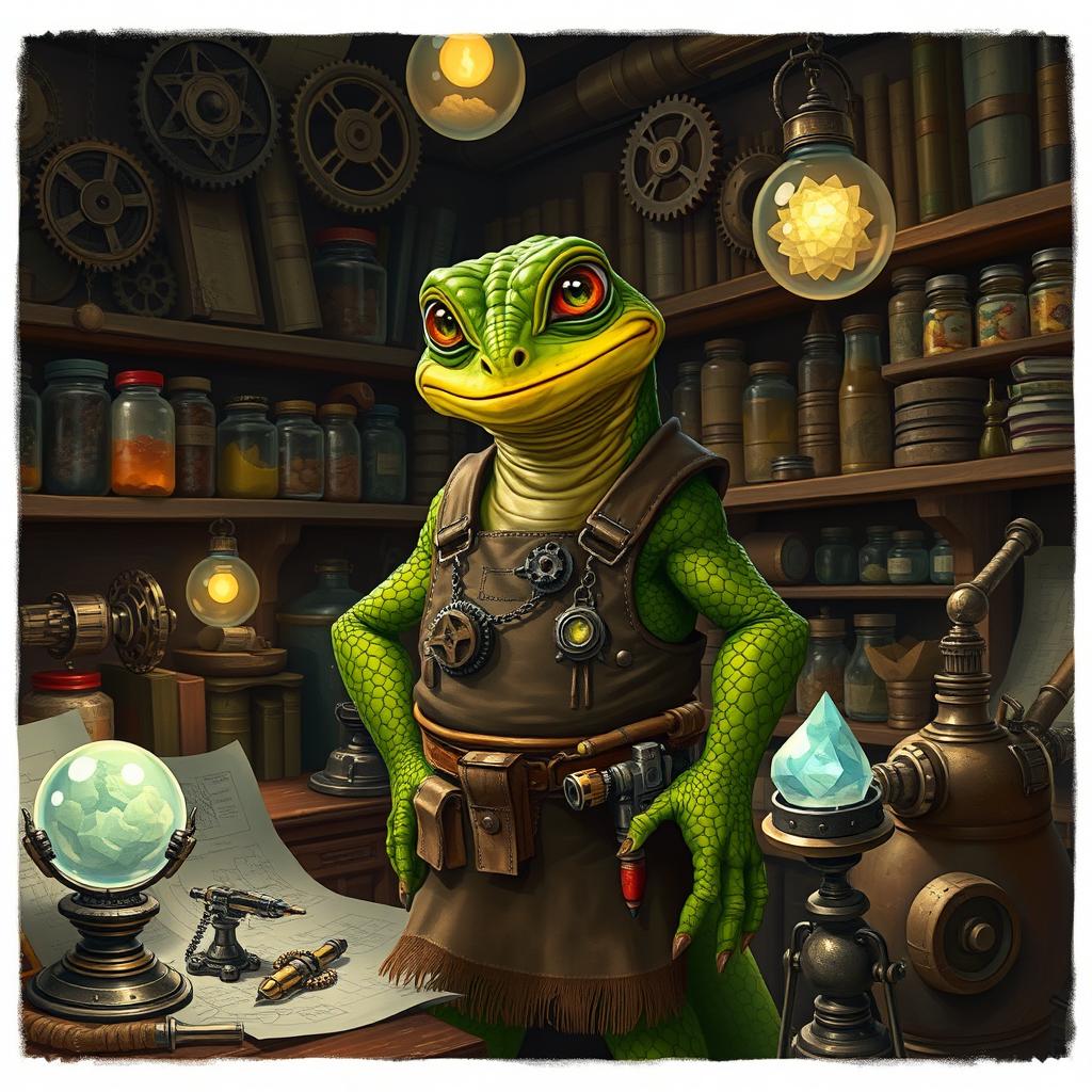 A lizardman inventor standing in a cluttered workshop, surrounded by various mechanical inventions and blueprints