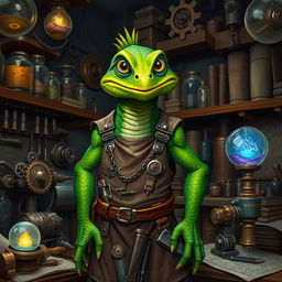 A lizardman inventor standing in a cluttered workshop, surrounded by various mechanical inventions and blueprints