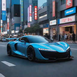 A futuristic Japanese sports car with modern aesthetics, aerodynamic design, cutting edge technology, displayed on a bustling Tokyo street with neon lights and sky-reaching buildings