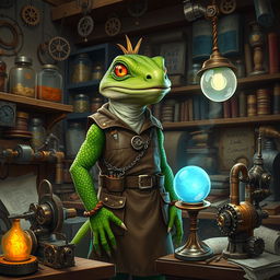 A lizardman inventor standing in a cluttered workshop, surrounded by various mechanical inventions and blueprints