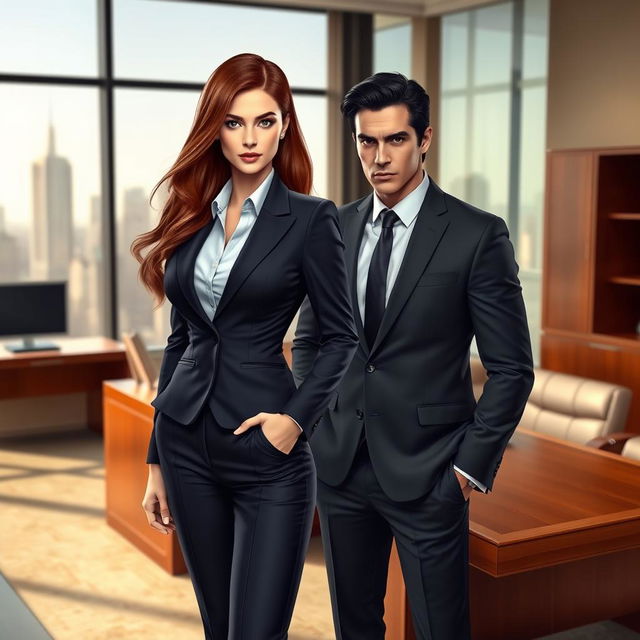 A powerful and confident CEO in a sleek business suit, standing assertively in her office, with her handsome bodyguard beside her