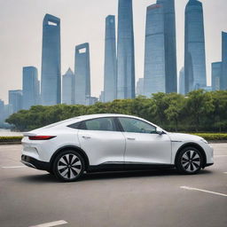 A sleek, modern Chinese electric car with cutting-edge design features, advanced technology, parked or plying on the streets of a high-tech metropolis like Shanghai, with the city's iconic skyline in the background