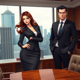 A powerful and confident CEO in a sleek business suit, standing assertively in her office, with her handsome bodyguard beside her