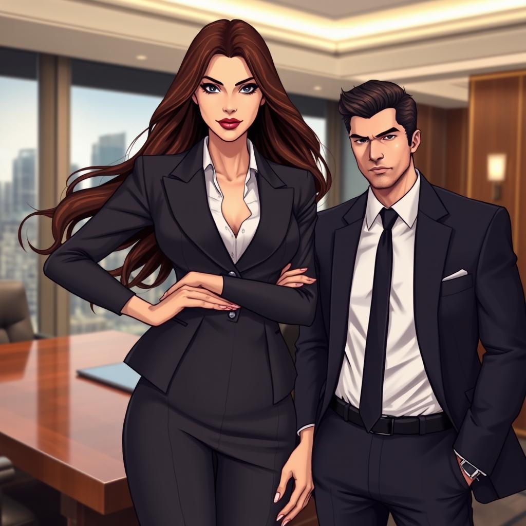 A powerful and confident CEO in a sleek business suit, standing assertively in her office, with her handsome bodyguard beside her