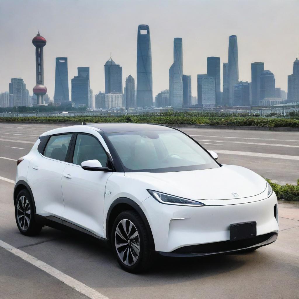 A sleek, modern Chinese electric car with cutting-edge design features, advanced technology, parked or plying on the streets of a high-tech metropolis like Shanghai, with the city's iconic skyline in the background