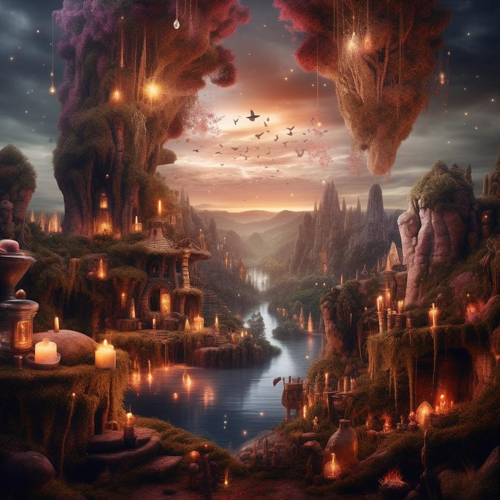 A visually striking scene of magical realism, filled with enchanting elements