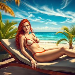 An artistic and vibrant depiction of a redheaded Sadie Sink reclining on a stylish sunbed by the beach, dressed in a trendy thong bikini that showcases her figure