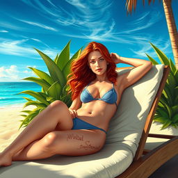 An artistic and vibrant depiction of a redheaded Sadie Sink reclining on a stylish sunbed by the beach, dressed in a trendy thong bikini that showcases her figure