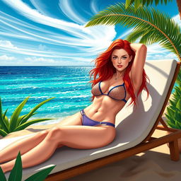 An artistic and vibrant depiction of a redheaded Sadie Sink reclining on a stylish sunbed by the beach, dressed in a trendy thong bikini that showcases her figure