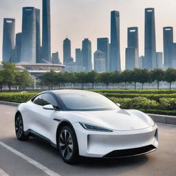 A sleek, modern Chinese electric car with cutting-edge design features, advanced technology, parked or plying on the streets of a high-tech metropolis like Shanghai, with the city's iconic skyline in the background