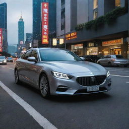 A luxury sedan from Taiwan marked by its elegant, sleek design, innovative tech features, and distinctive headlight structures, driving through the vibrant streets of Taipei with skyscrapers and neon signs in the background