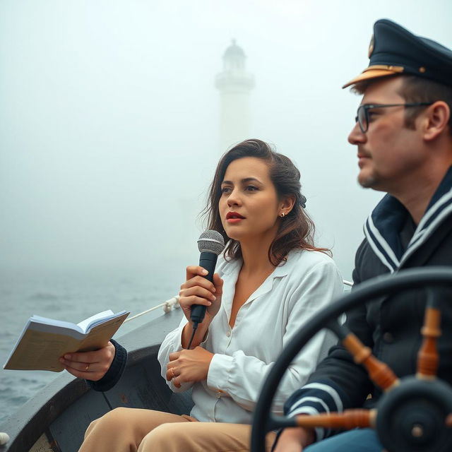 An atmospheric scene set in a misty ocean landscape featuring a journalist, a woman singer, and a sailor in a small boat