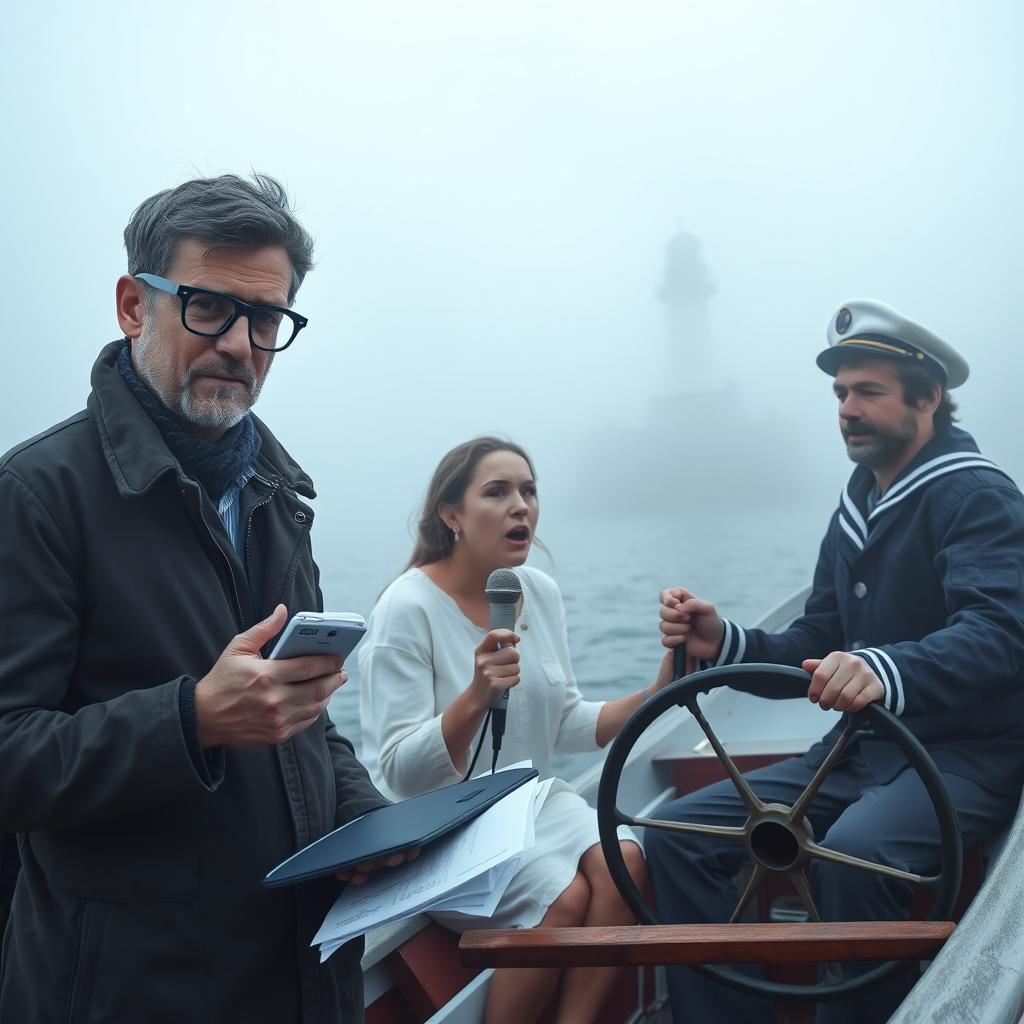 An atmospheric scene set in a misty ocean landscape featuring a journalist, a woman singer, and a sailor in a small boat