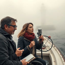 An atmospheric scene set in a misty ocean landscape featuring a journalist, a woman singer, and a sailor in a small boat
