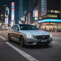 A luxury sedan from Taiwan marked by its elegant, sleek design, innovative tech features, and distinctive headlight structures, driving through the vibrant streets of Taipei with skyscrapers and neon signs in the background