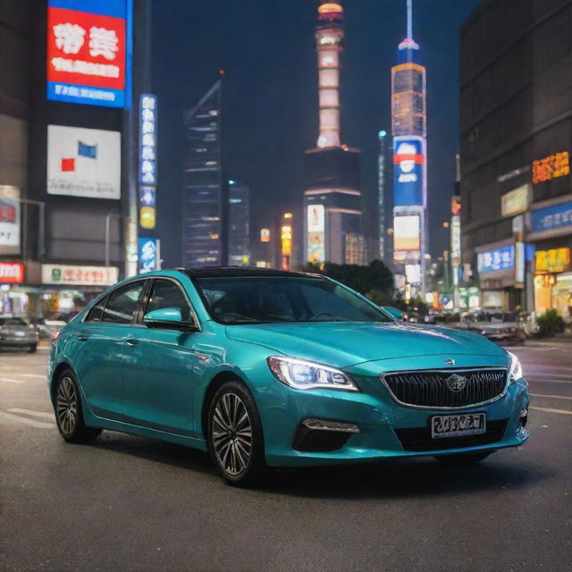 A luxury sedan from Taiwan marked by its elegant, sleek design, innovative tech features, and distinctive headlight structures, driving through the vibrant streets of Taipei with skyscrapers and neon signs in the background