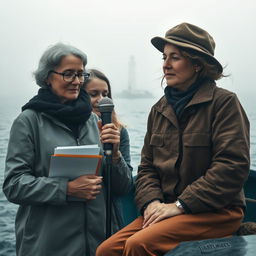 A cinematic composition featuring three distinct characters in a misty ocean setting