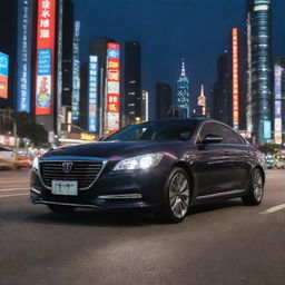 A luxury sedan from Taiwan marked by its elegant, sleek design, innovative tech features, and distinctive headlight structures, driving through the vibrant streets of Taipei with skyscrapers and neon signs in the background