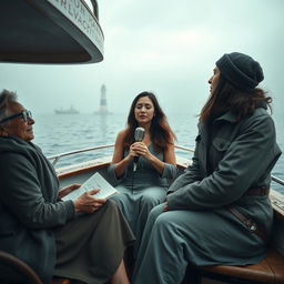 A full boat cinematic composition set in a misty ocean, featuring three women sitting separately but harmoniously within the scene