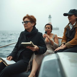 A full boat cinematic composition set in a misty ocean, featuring three women sitting separately but harmoniously within the scene