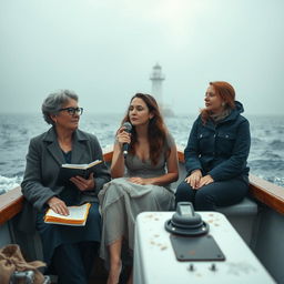 A full boat cinematic composition set in a misty ocean, featuring three women sitting separately but harmoniously within the scene