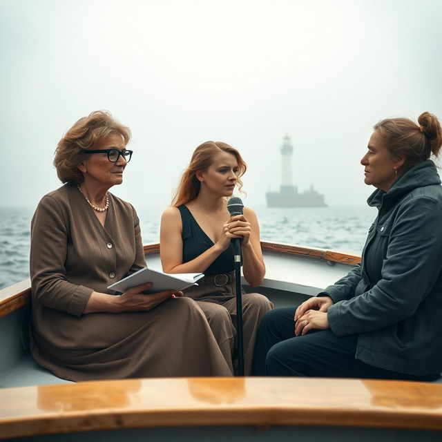 A full boat cinematic composition set in a misty ocean, featuring three women sitting separately but harmoniously within the scene